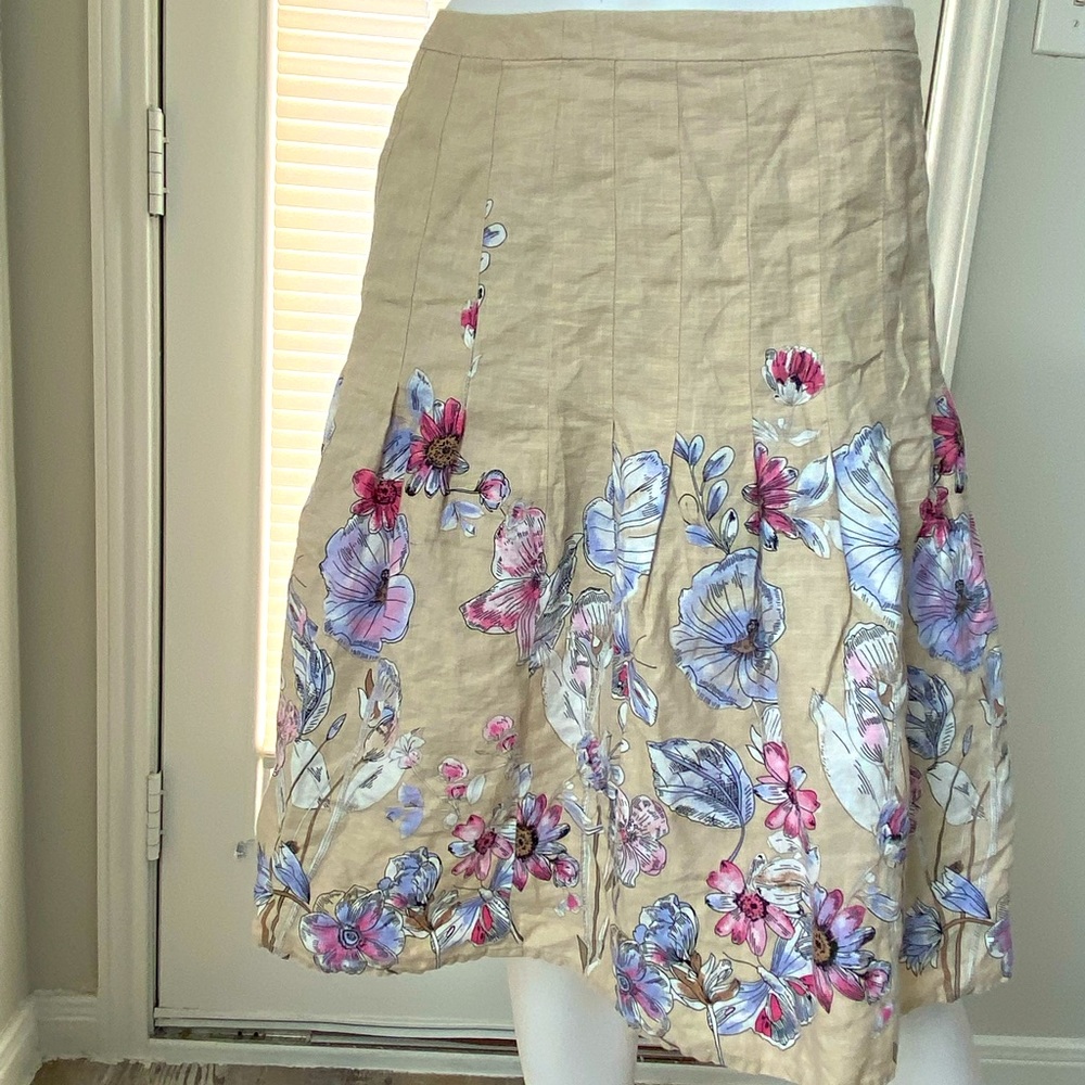Ann Taylor LOFT Floral Design Pleated Beige Skirt SZ 2